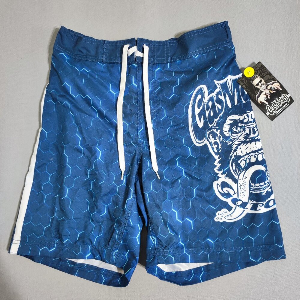 GasMonkey Garage board shorts men's size S blue with geometric pattern NWT